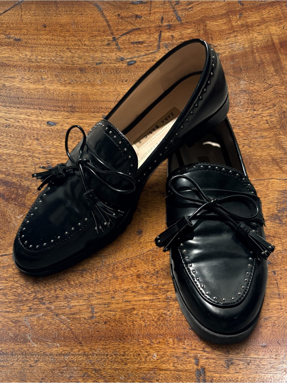 Zara Leather Studded Tassel Bow Loafers Black Flat Size 38 (US 7.5)